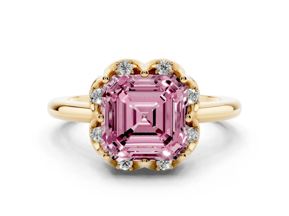 Fancy Pink Asscher Cut Diamond Round Cluster Halo Ring Set in Yellow gold with Solitaire Band and Prong Setting