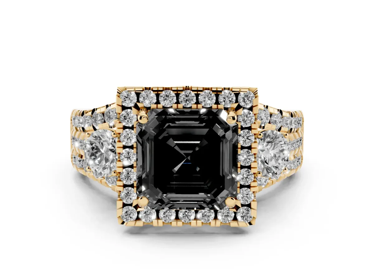 Fancy Black Asscher Cut Diamond Halo Split Shank Ring Set in Yellow gold with Round Accent Stones and Prong Setting