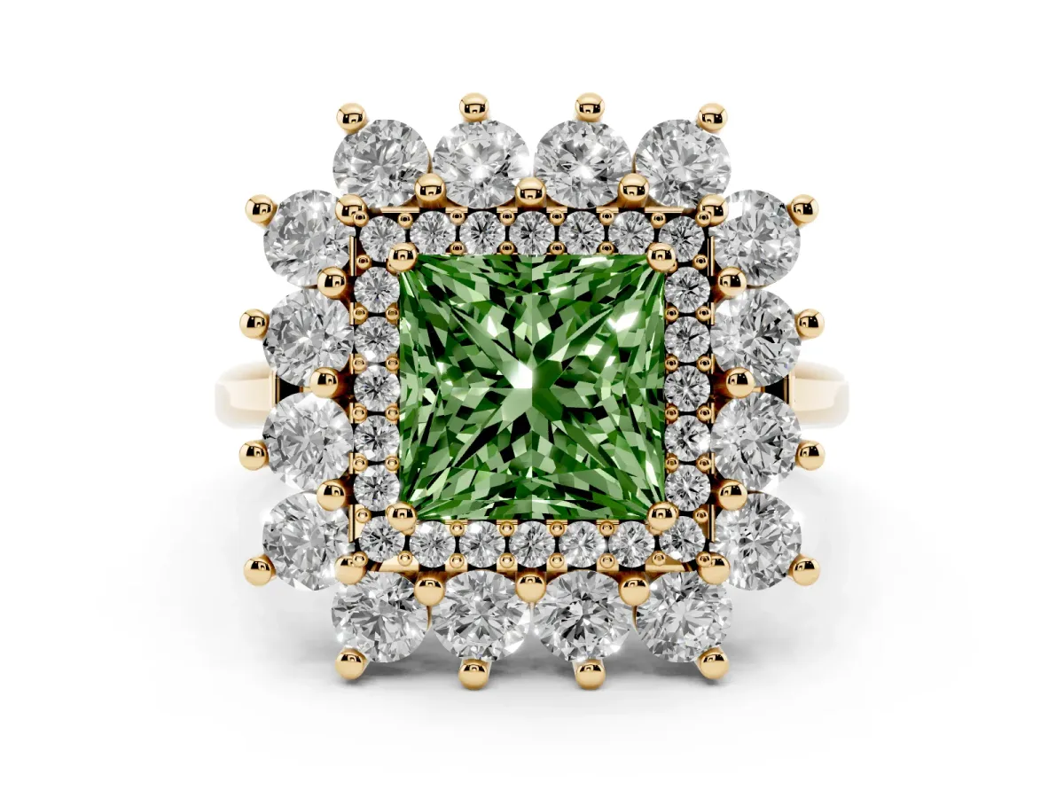 Fancy Green Princess Cut Diamond Floral Double Halo Ring Set in Yellow gold with Round Petals