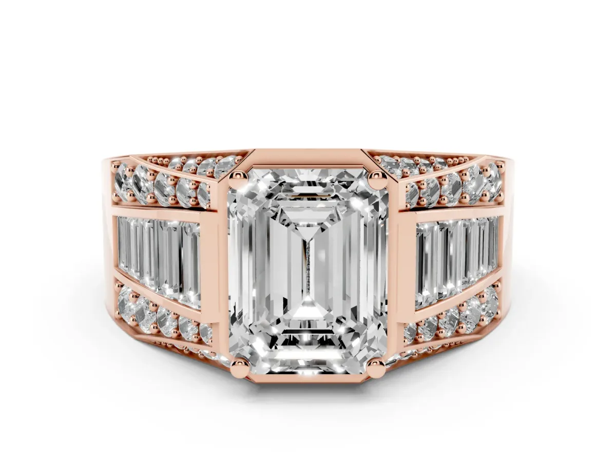 Emerald Cut Diamond Mens Ring Set in Rose gold with Baguette and Round Side Stones