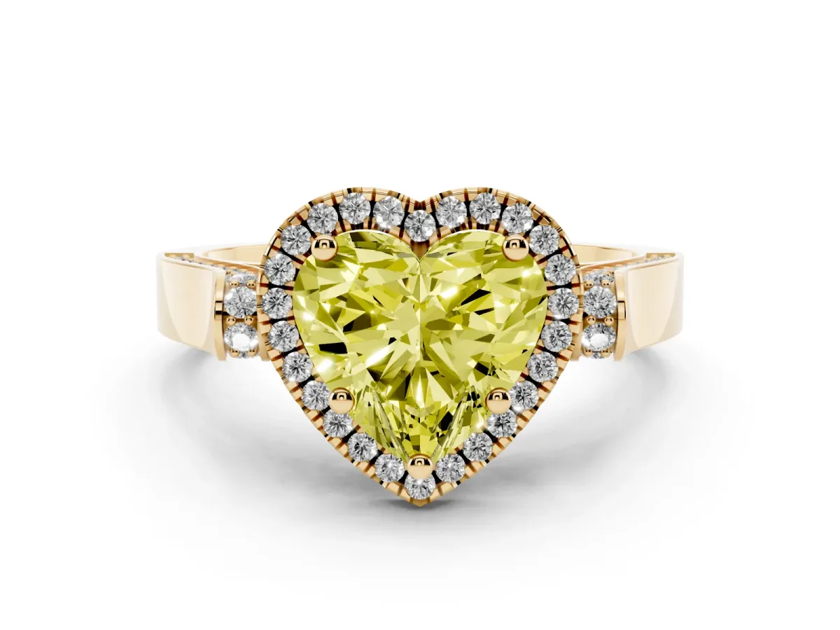 Fancy Yellow Heart Cut Diamond Halo Ring Set in Yellow gold with Twist Band and Pavé Accents