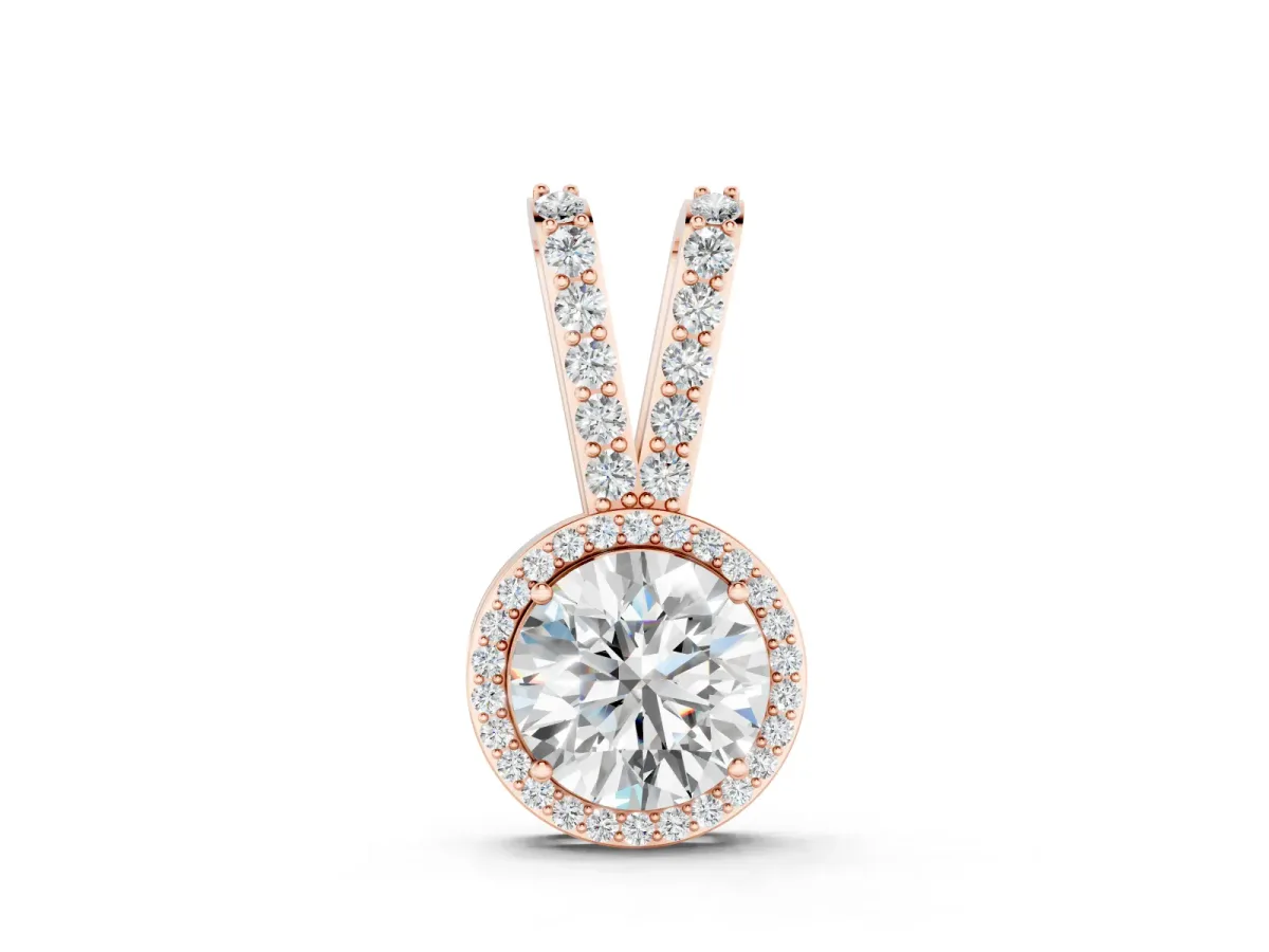 Round Halo Diamond Pendant Set in Rose gold with Prong-Set Center and Halo
