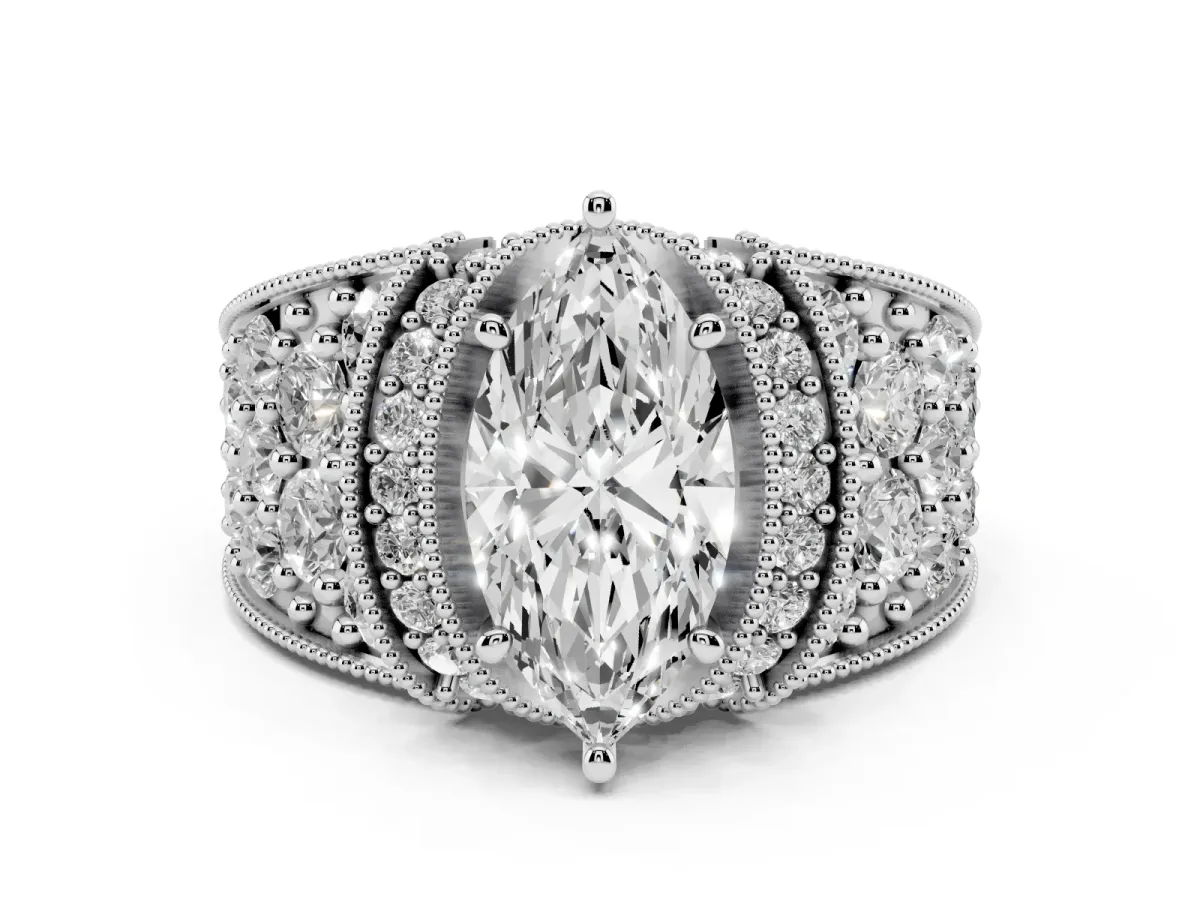 Marquise Cut Diamond Milgrain Halo Pavé Engagement Ring Set in White gold with Prong Setting