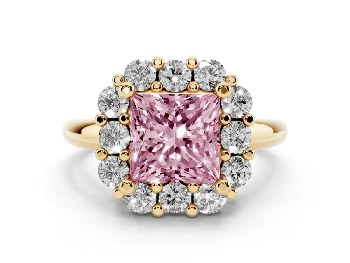 Fancy Pink Princess Cut Diamond Halo Cluster Engagement Ring Set in Yellow gold with Polished Band and Prong Setting