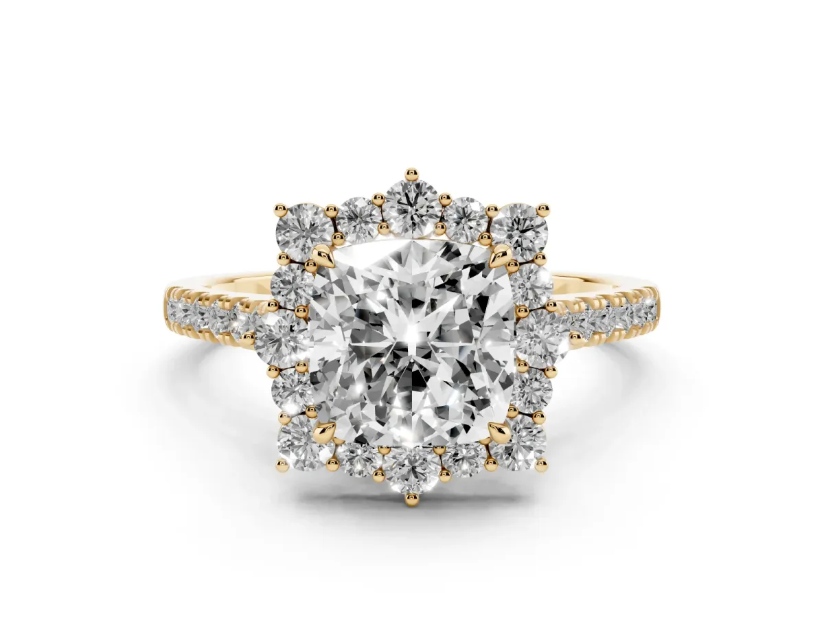 Cushion Cut Diamond Halo Ring Set in Yellow gold with Pavé Band and Prong Setting