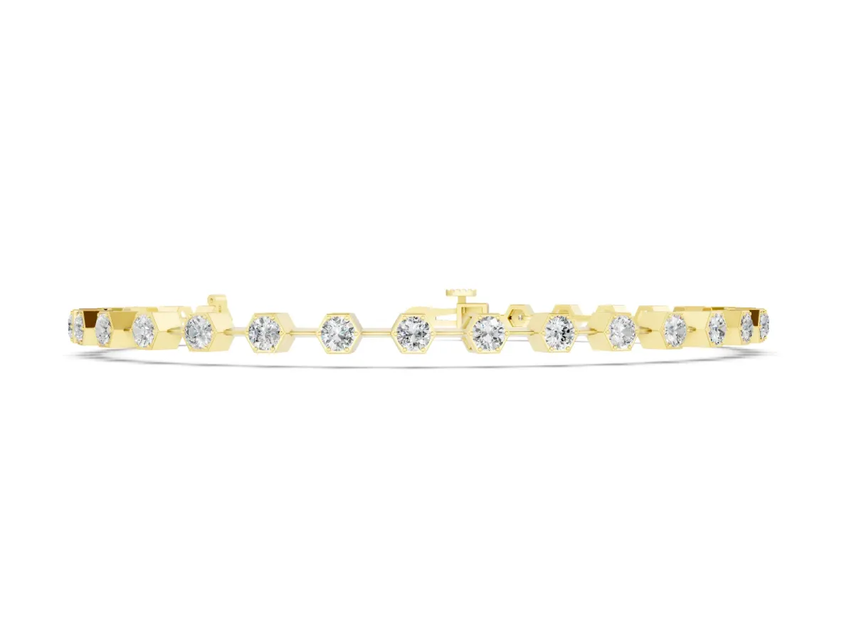 Round Diamond Hexagon Bezel Continuous Tennis Bracelet Set in Yellow gold