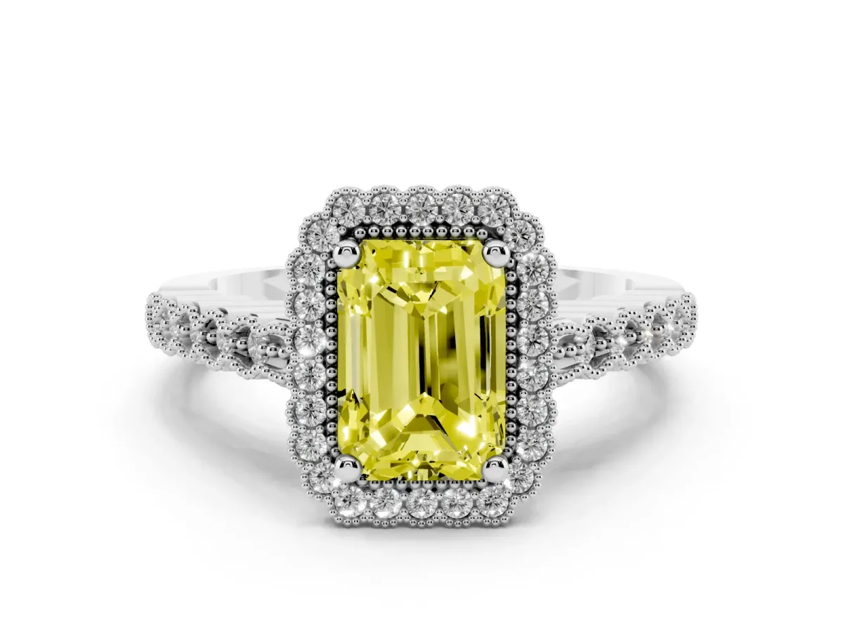 Fancy Yellow Radiant Cut Diamond Halo Ring Set in Silver with Pavé Milgrain Band
