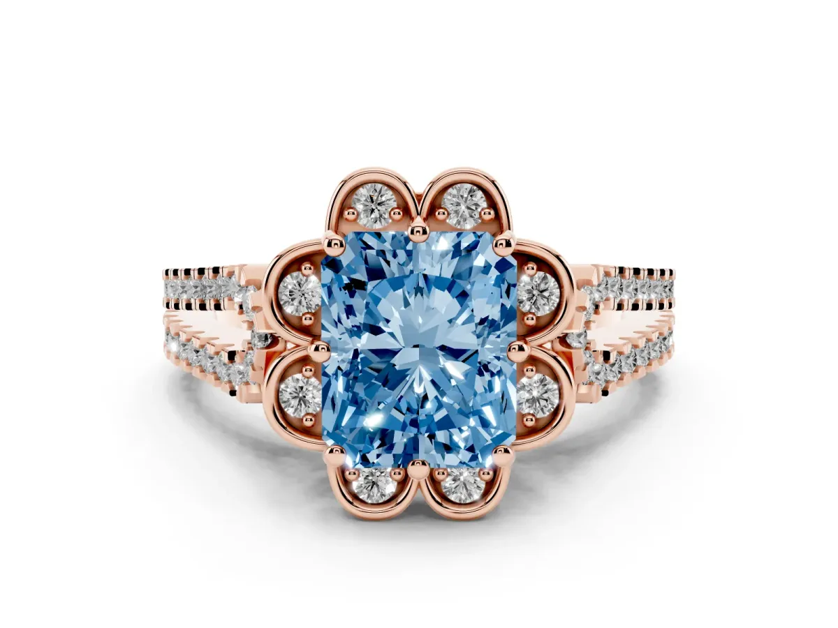 Fancy Blue Radiant Cut Diamond Floral Halo Split Shank Engagement Ring Set in Rose gold with Pavé Shank