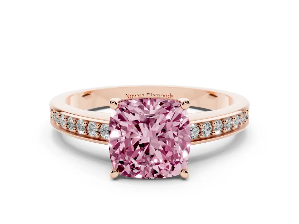 Fancy Pink Cushion Cut Diamond Pavé Band Prong Set Solitaire Ring Set in Rose gold