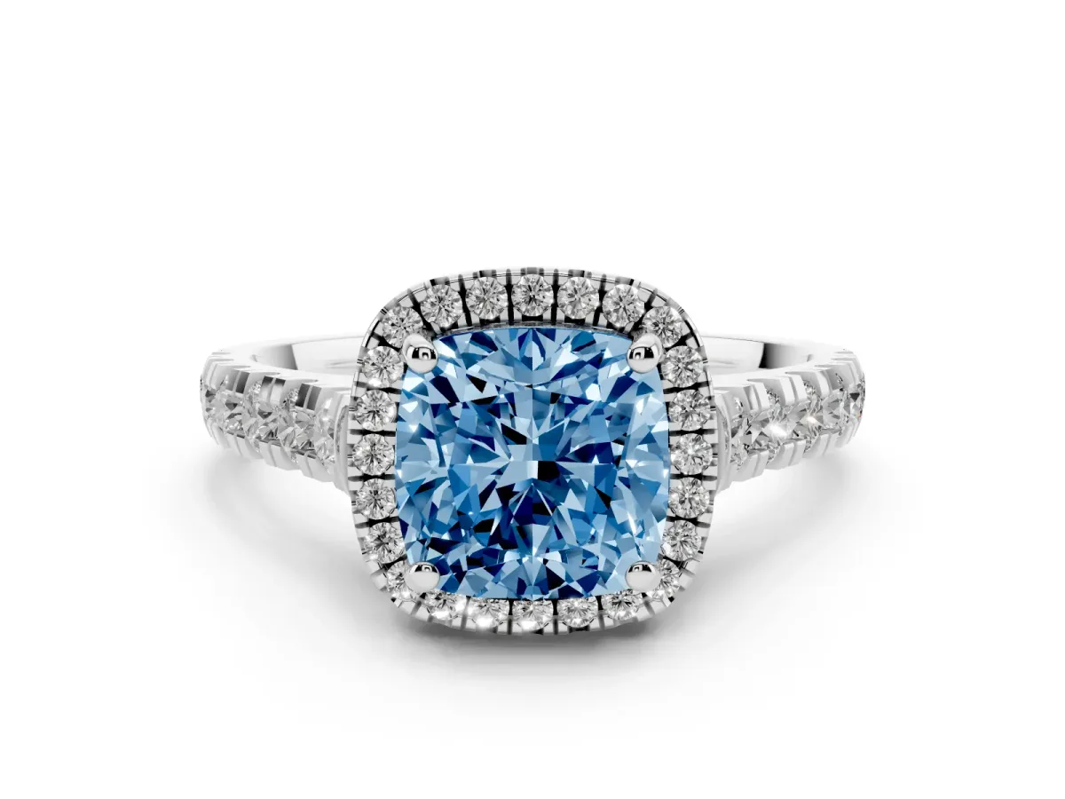 Fancy Blue Cushion Cut Diamond Halo Engagement Ring Set in Platinum with Pavé Band and Prong-Set Center