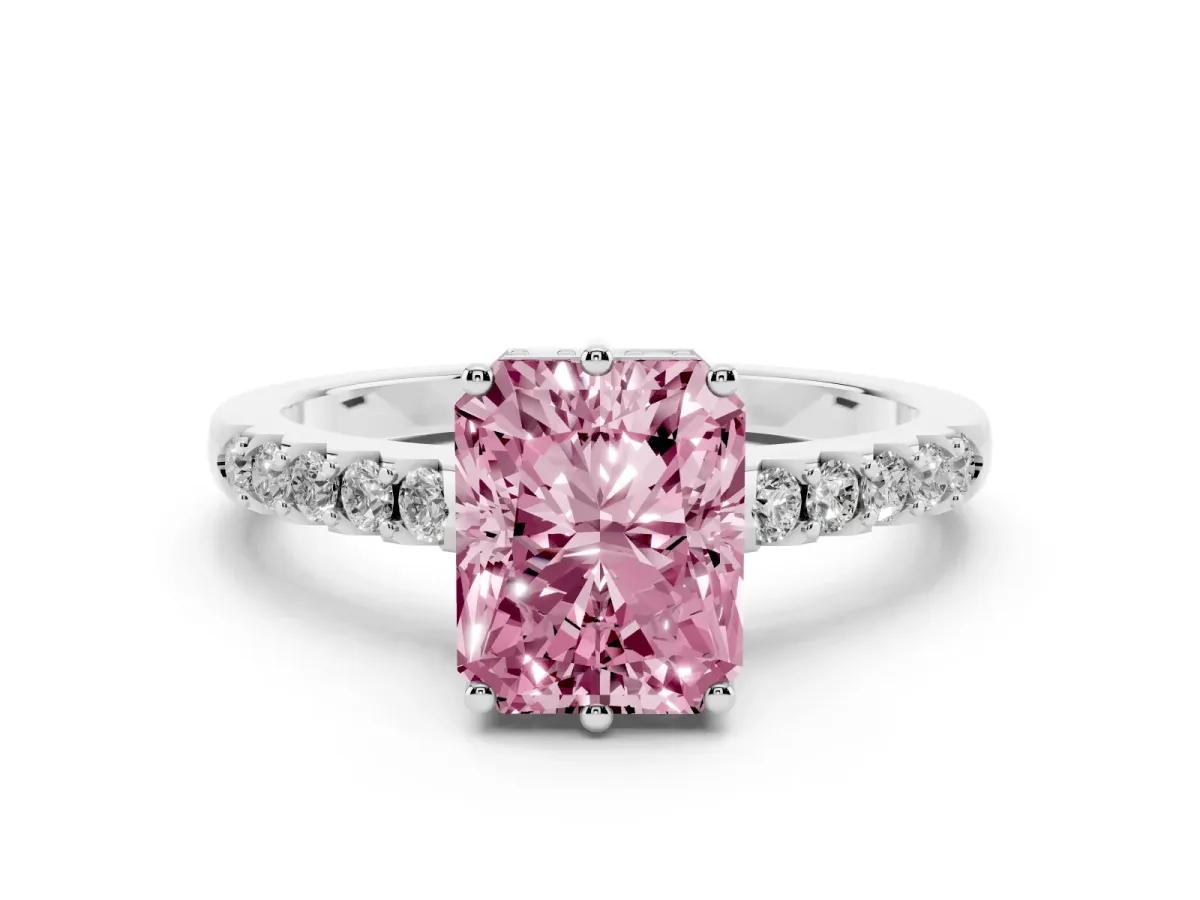 Fancy Pink Radiant Cut Diamond Solitaire Engagement Ring Set in White gold with Pavé Band and Prong Setting