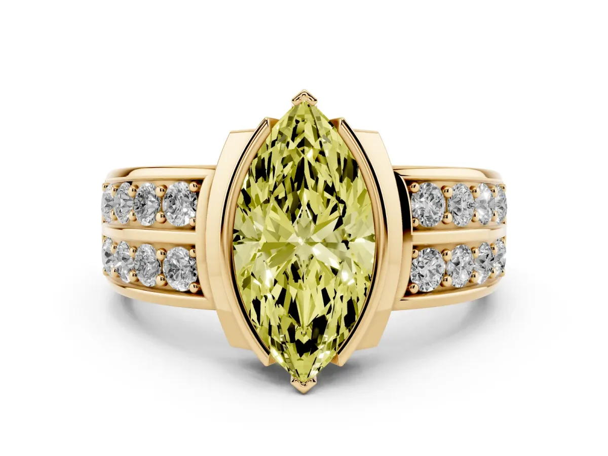 Fancy Yellow Marquise Cut Diamond Wide Channel Set Band Ring Set in Yellow gold with Bezel Setting
