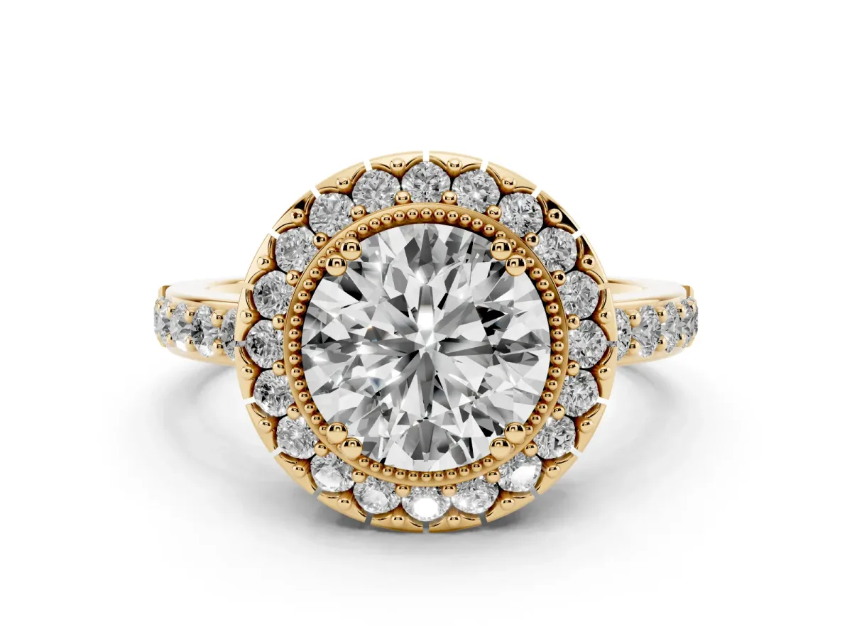 Round Cut Diamond Halo Ring Set in Yellow gold with Pavé Shank and Prong Setting