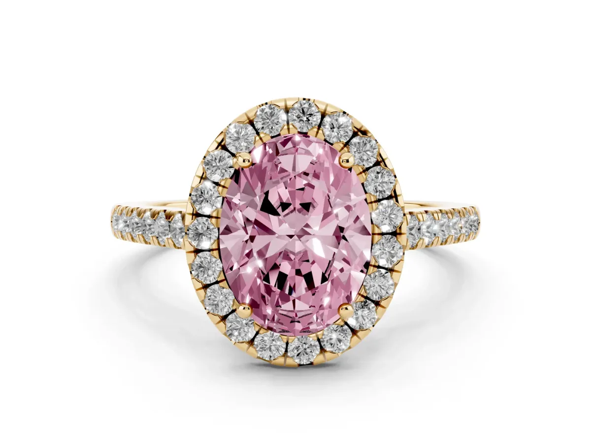 Fancy Pink Oval Cut Diamond Halo Pavé Engagement Ring Set in Yellow gold with Prong Setting
