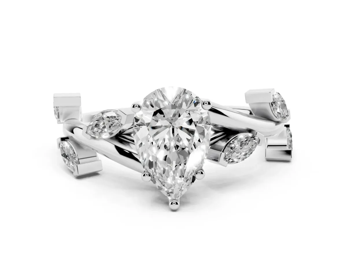 Pear Cut Diamond Solitaire Ring Set in Silver with Twisted Marquise Accent Band