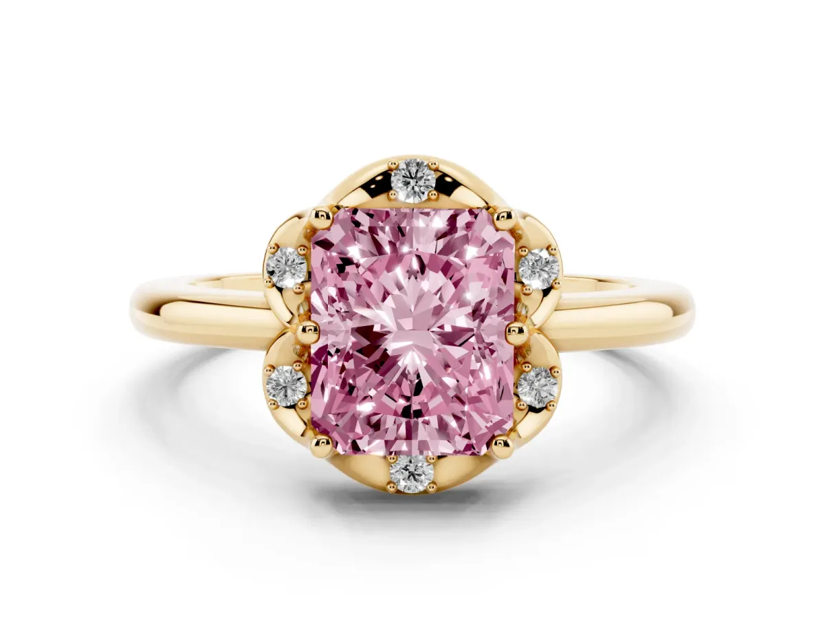 Fancy Pink Radiant Cut Diamond Round Cluster Halo Ring Set in Yellow gold with Solitaire Band and Prong Setting