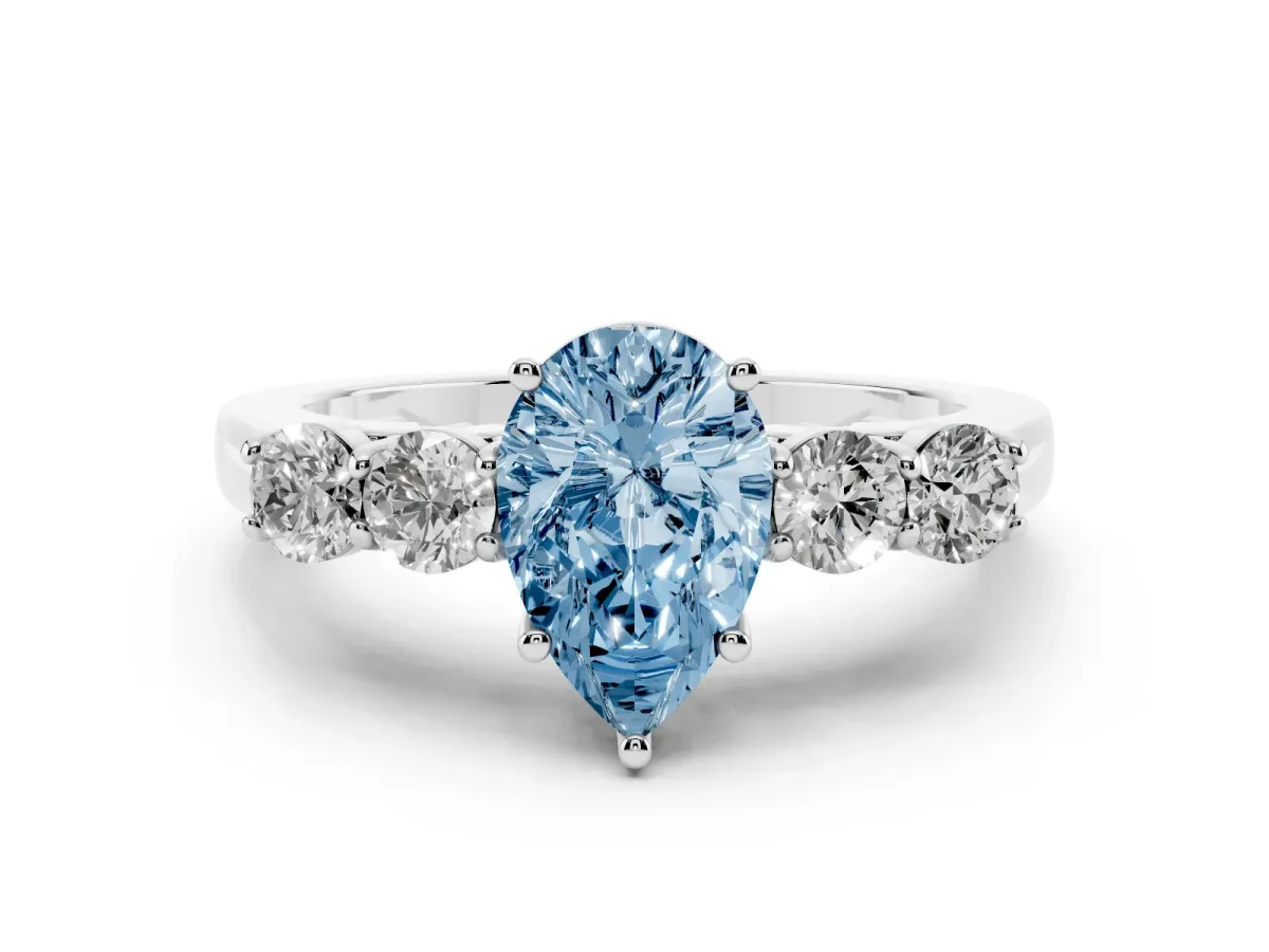 Fancy Blue Pear Cut Diamond Five-Stone Prong Set Band Ring Set in White gold with Polished Band