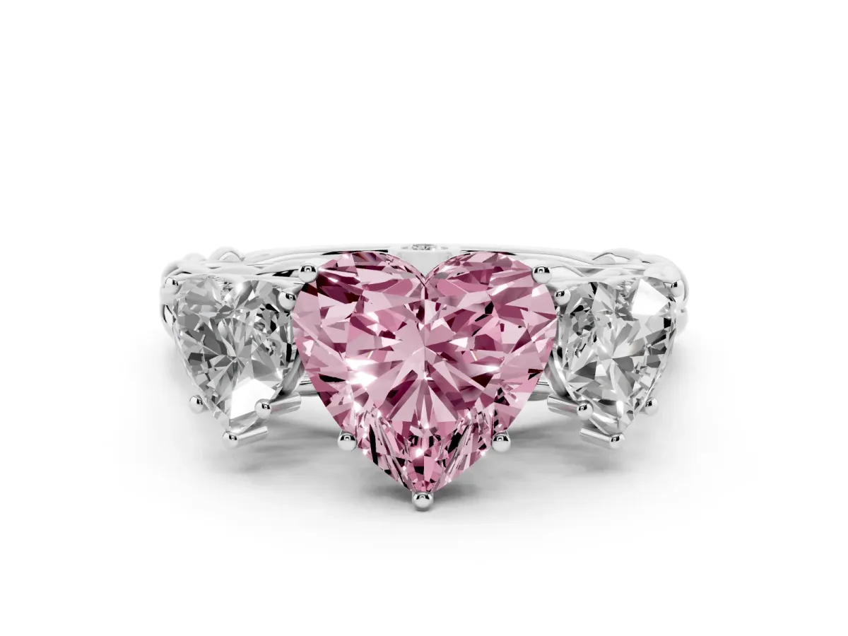 Fancy Pink Heart Cut Diamond Three-Stone Ring Set in Platinum with Braided Band