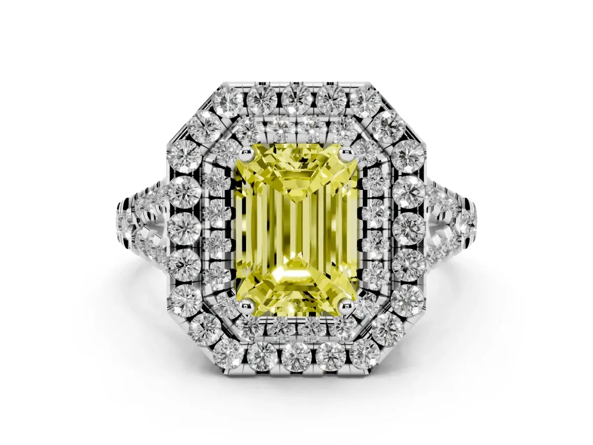 Fancy Yellow Emerald Cut Diamond Double Halo Ring Set in Platinum with Pavé Split Shank and Prong Setting