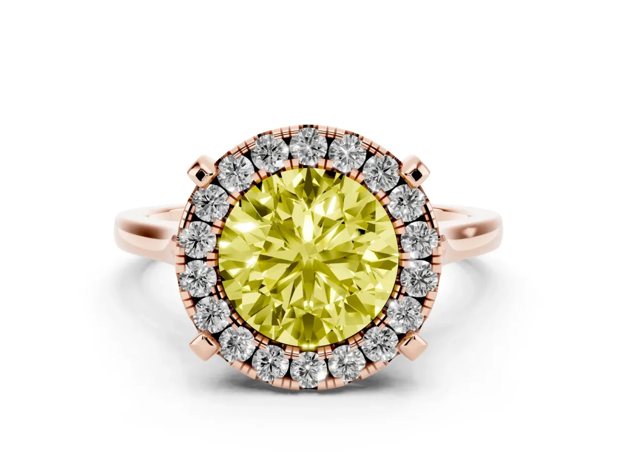 Fancy Yellow Round Cut Diamond Cluster Halo Solitaire Ring Set in Rose gold with Prong Setting