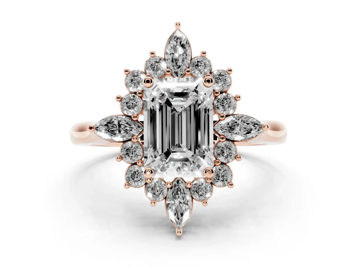 Emerald Cut Diamond Cluster Halo Ring Set in Rose gold with Marquise and Round Accents