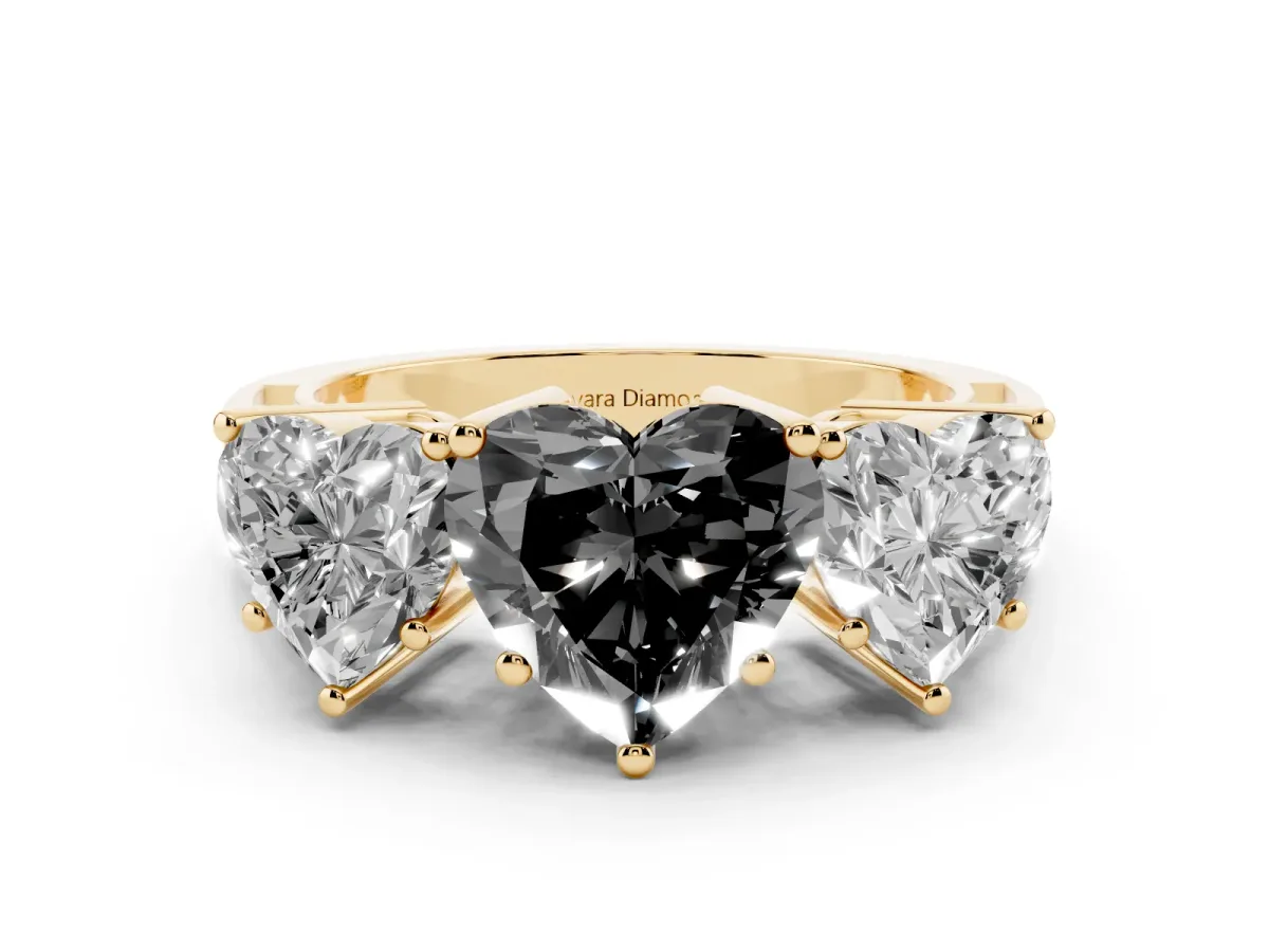 Fancy Black Heart Cut Diamond Three-Stone Ring Set in Yellow gold with Textured Band