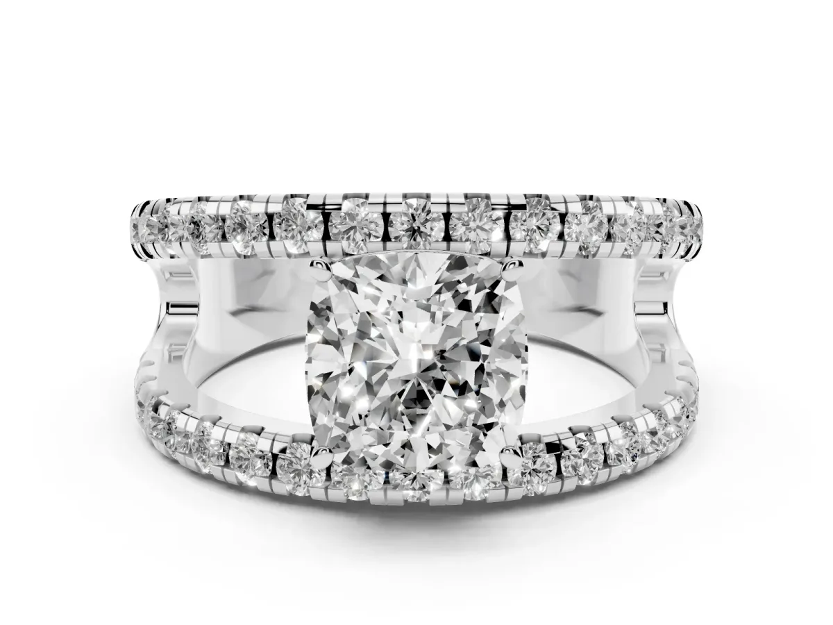 Cushion Cut Diamond Split Shank Pavé Solitaire Ring Set in Platinum with Open Shank Design