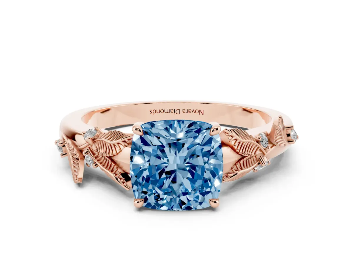 Fancy Blue Cushion Cut Diamond Solitaire Ring Set in Rose gold with Leaf Motif Band