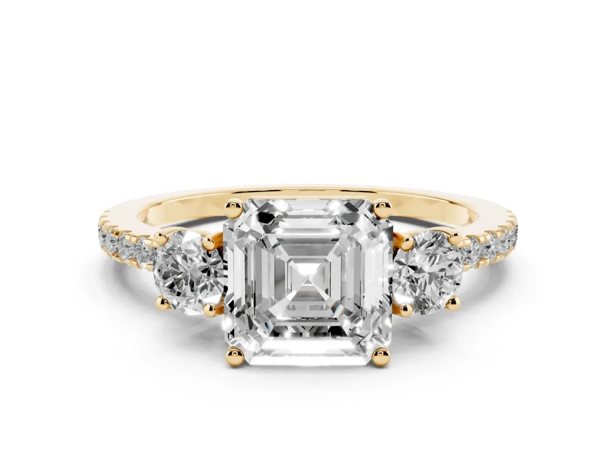 Asscher Cut Diamond Three-Stone Ring Set in Yellow gold with Pavé Band and Graduated Sides