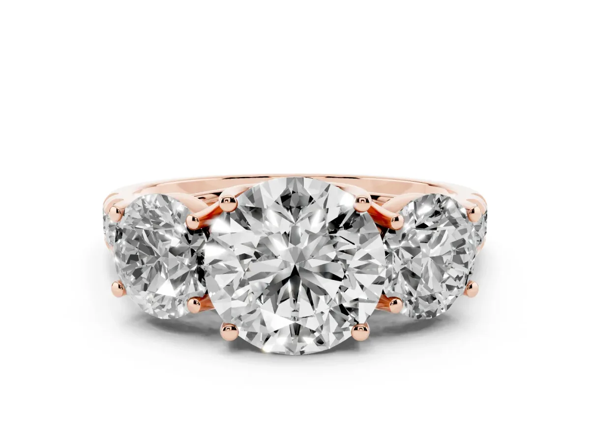 Round Cut Diamond Three-Stone Ring Set in Rose gold with Pavé Band