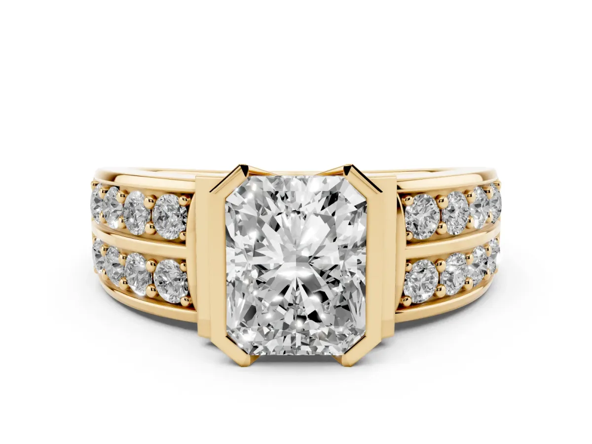 Radiant Cut Diamond Wide Channel Set Band Ring Set in Yellow gold with Bezel Setting