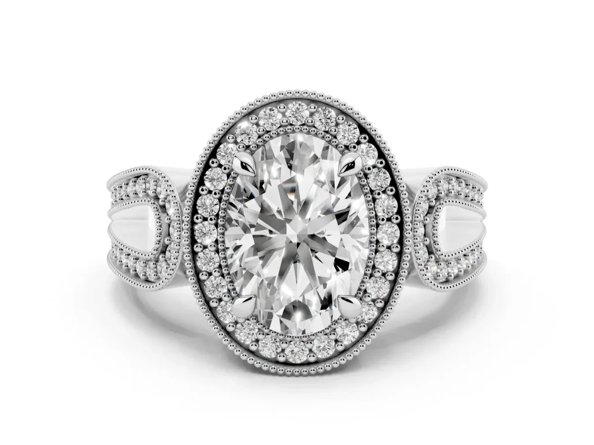 Oval Cut Diamond Halo Ring Set in Platinum with Milgrain Accent Split Shank