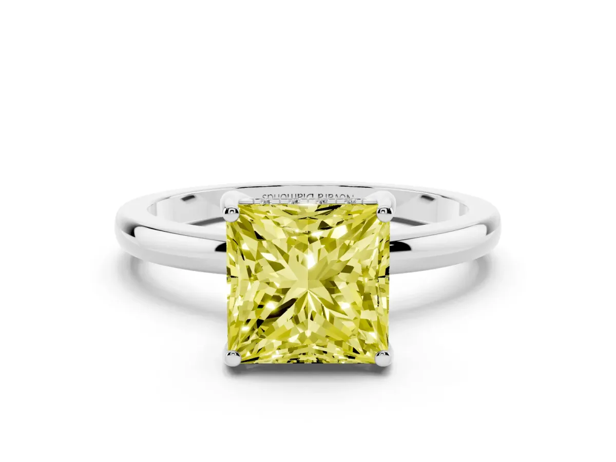 Fancy Yellow Princess Cut Diamond Solitaire Ring Set in Platinum with Plain Band and Prong Setting