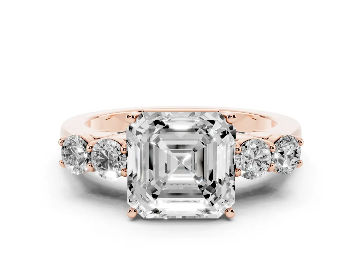 Asscher Cut Diamond Five-Stone Prong Set Band Ring Set in Rose gold with Polished Band