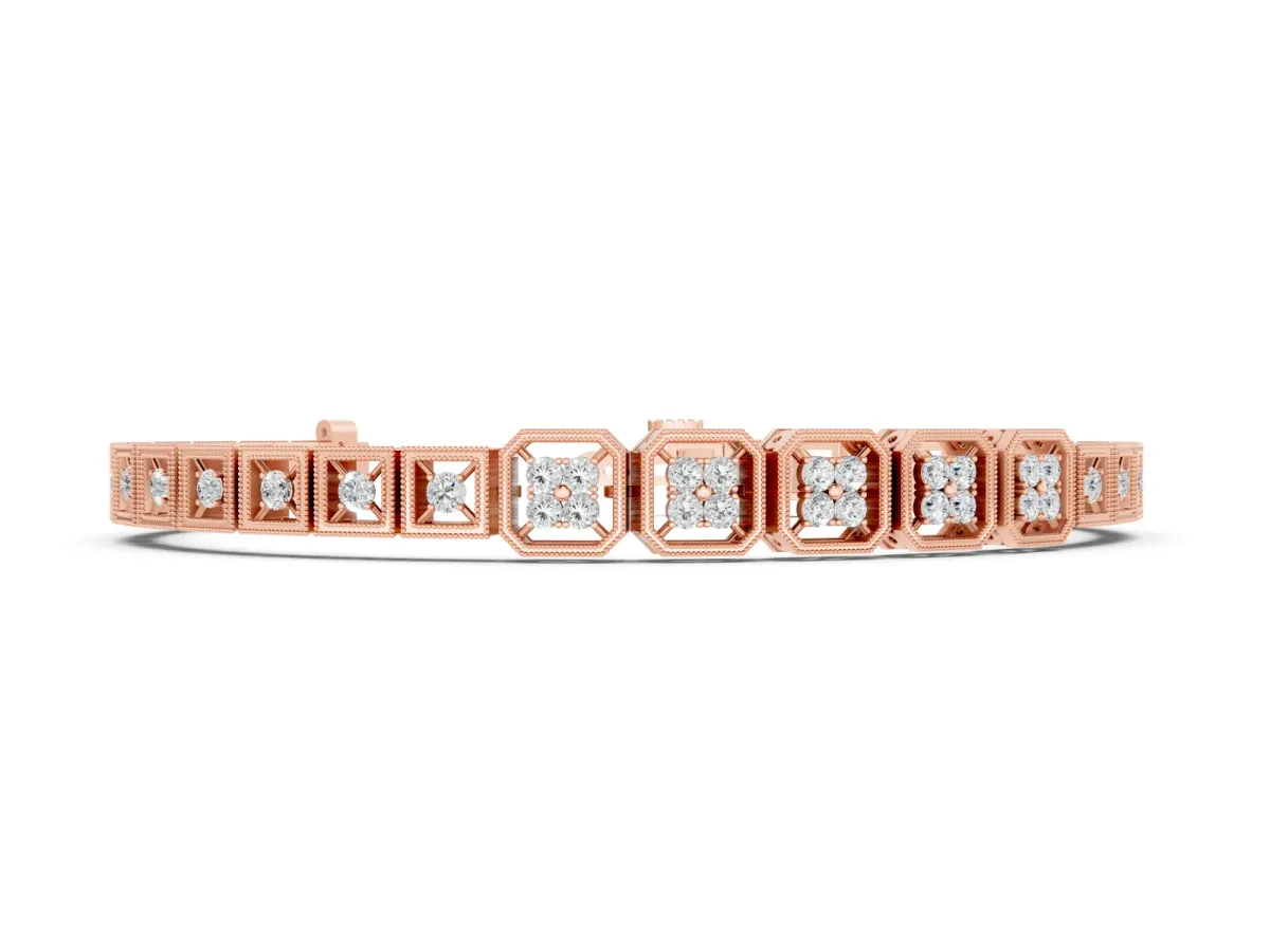Round Diamond Tennis Bracelet Set in Rose gold with Milgrain Bezel Setting