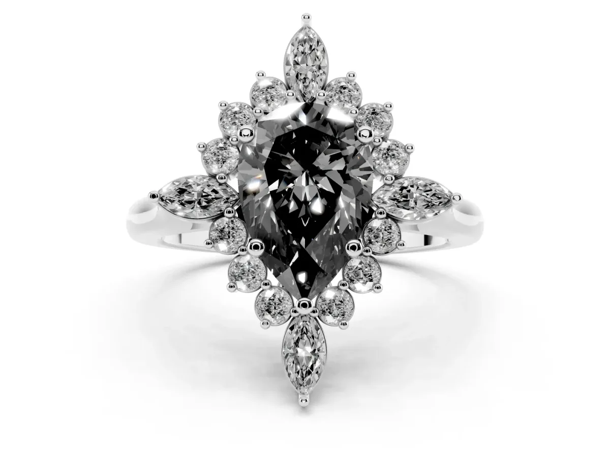 Fancy Black Pear Cut Diamond Cluster Halo Ring Set in White gold with Marquise and Round Accents
