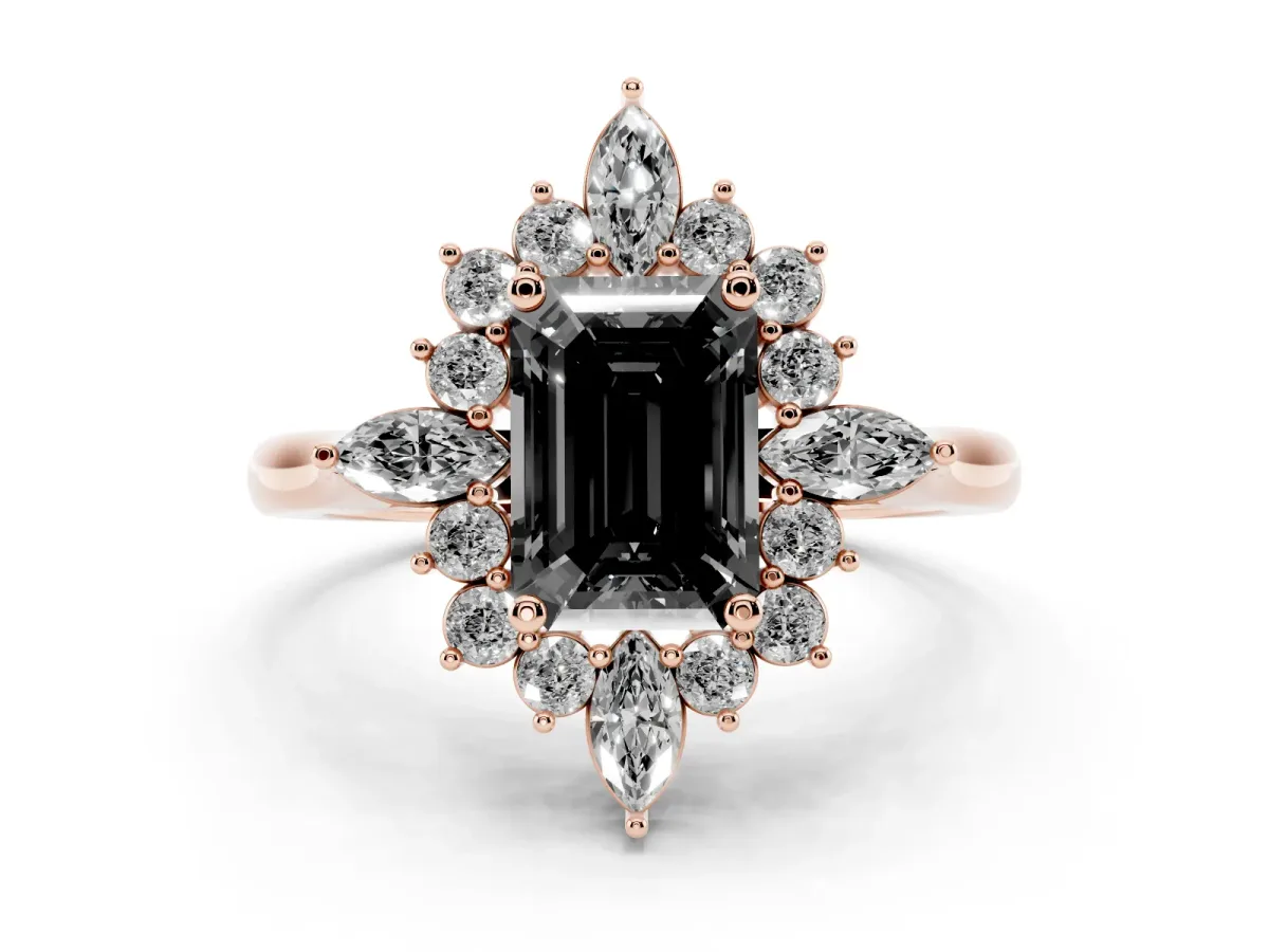 Fancy Black Emerald Cut Diamond Cluster Halo Ring Set in Rose gold with Marquise and Round Accents
