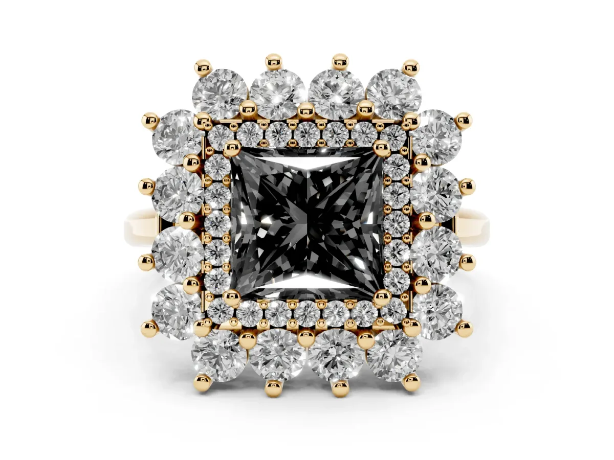 Fancy Black Princess Cut Diamond Floral Double Halo Ring Set in Yellow gold with Round Petals