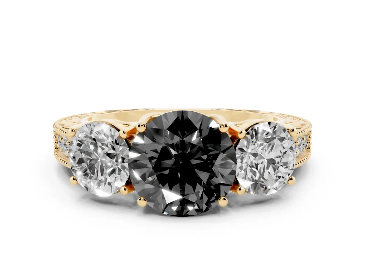 Fancy Black Round Cut Diamond Three-Stone Engagement Ring Set in Yellow gold with Milgrain Pavé Band