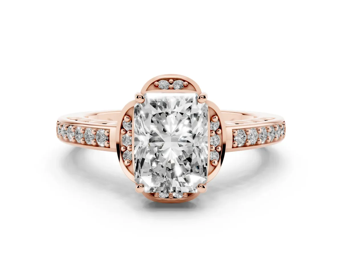 Radiant Cut Diamond Halo Ring Set in Rose gold with Channel Set Band and Prong Setting