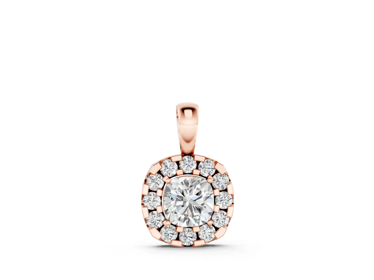 Cushion Halo Diamond Pendant Set in Rose gold with Four-Prong Cushion Center