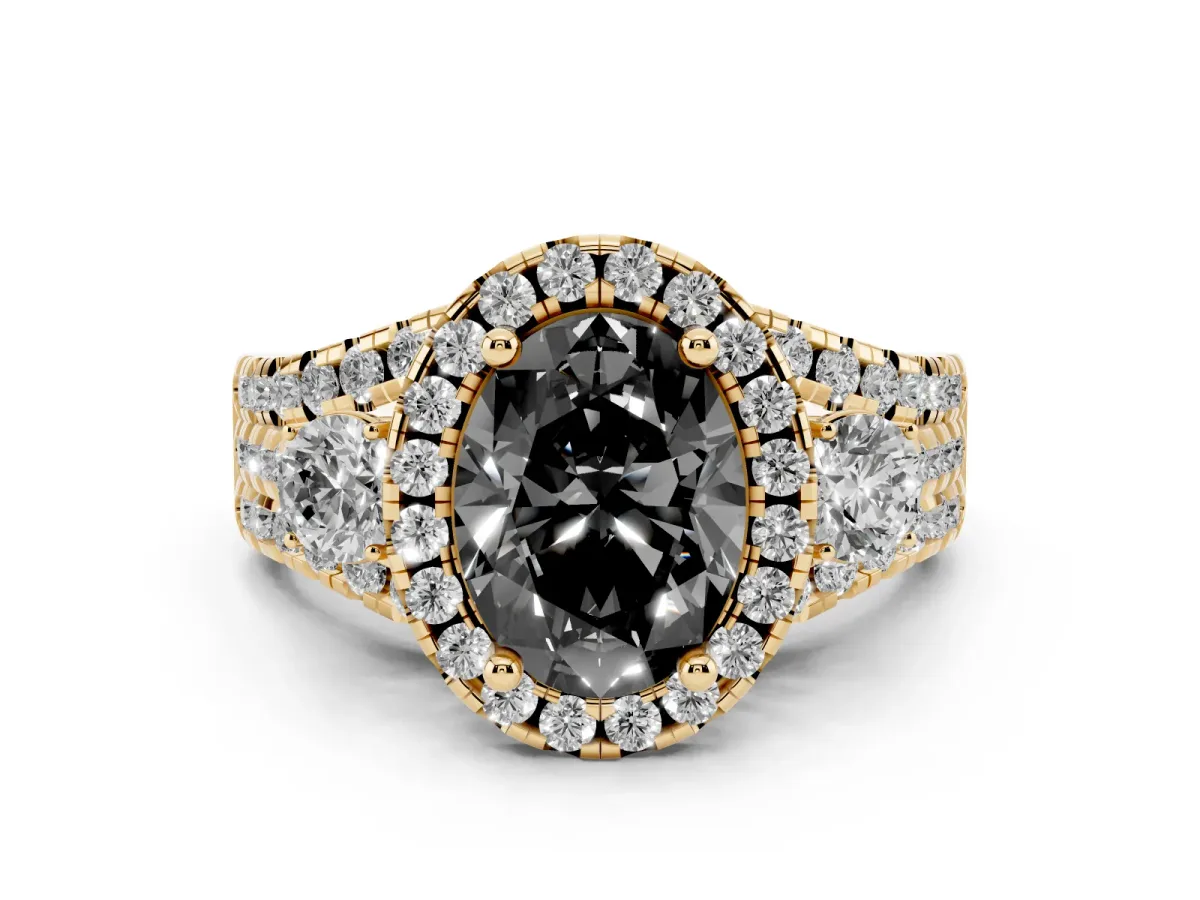 Fancy Black Oval Cut Diamond Halo Split Shank Ring Set in Yellow gold with Round Accent Stones and Prong Setting