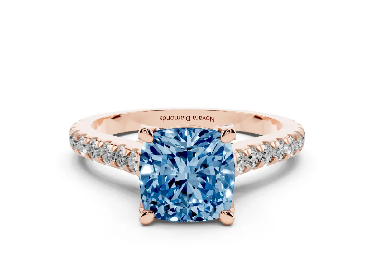 Fancy Blue Cushion Cut Diamond Solitaire Ring Set in Rose gold with Brilliant Pavé Band and Prong Setting
