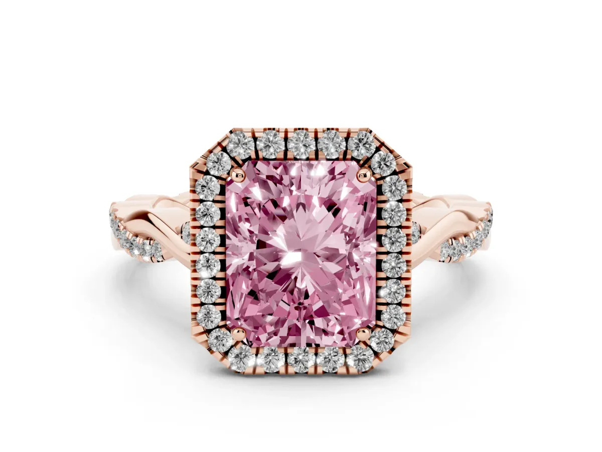 Fancy Pink Radiant Cut Diamond Halo Twist Band Solitaire Ring Set in Rose gold with Prong Setting