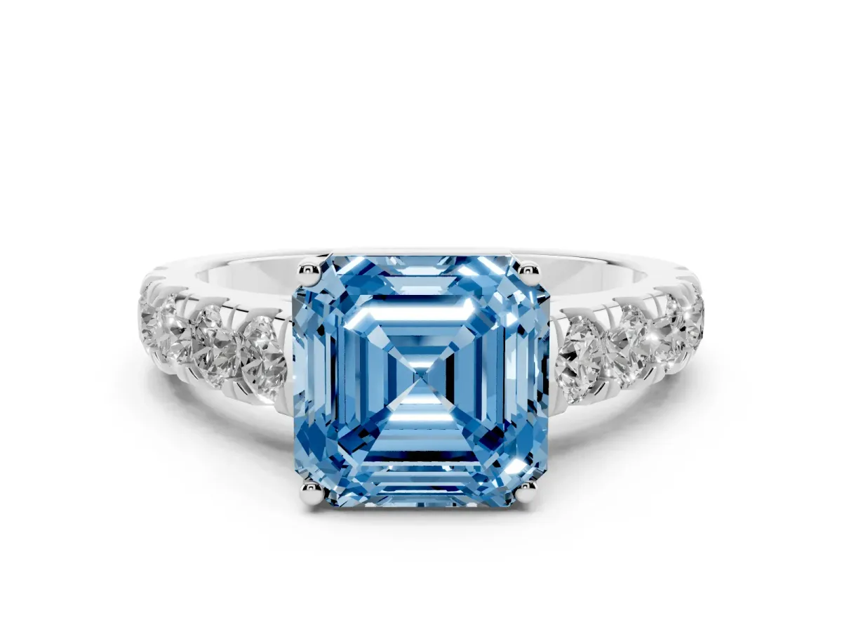 Fancy Blue Asscher Cut Diamond Solitaire Ring Set in Silver with Cut-Down Micro Pavé Band and Prong Setting
