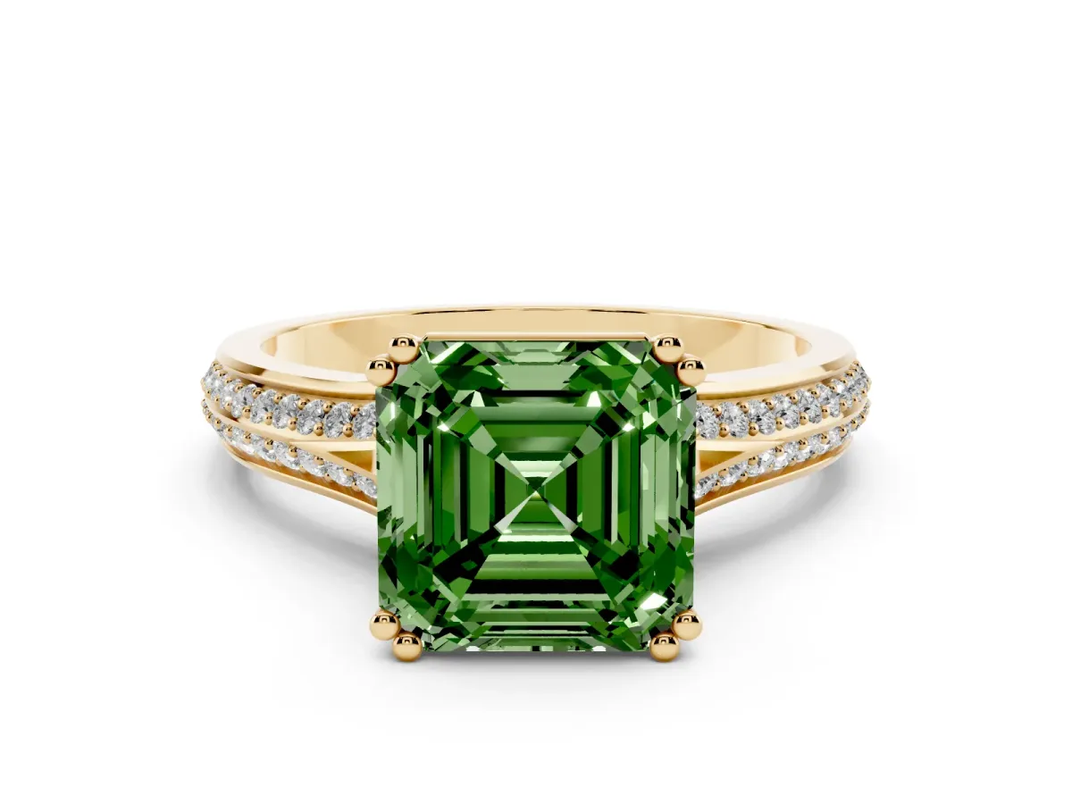 Fancy Green Asscher Cut Diamond Split Shank Pavé Engagement Ring Set in Yellow gold with Prong-Set Center Stone