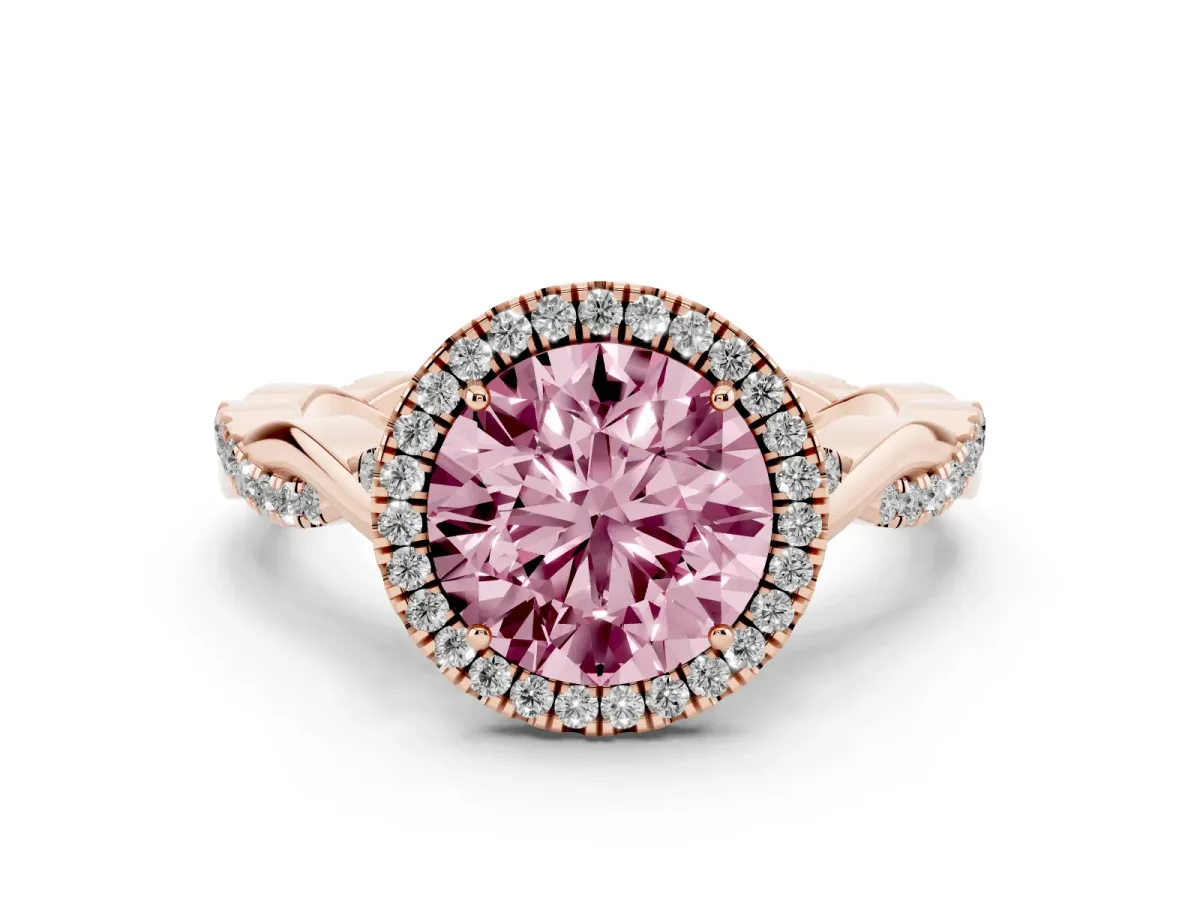 Fancy Pink Round Cut Diamond Halo Twist Band Solitaire Ring Set in Rose gold with Prong Setting
