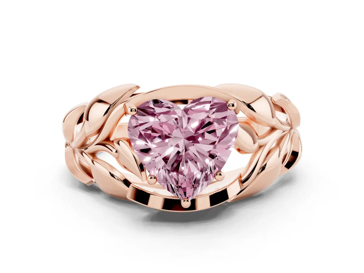 Fancy Pink Heart Cut Diamond Leaf-Inspired Engagement Ring Set in Rose gold with Round Accents