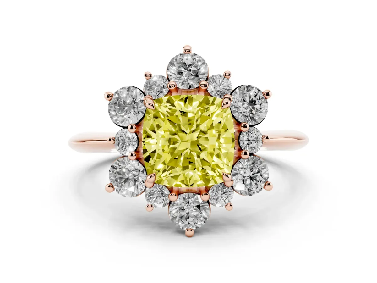 Fancy Yellow Cushion Cut Diamond Cluster Halo Ring Set in Rose gold with Solitaire Band and Prong Setting