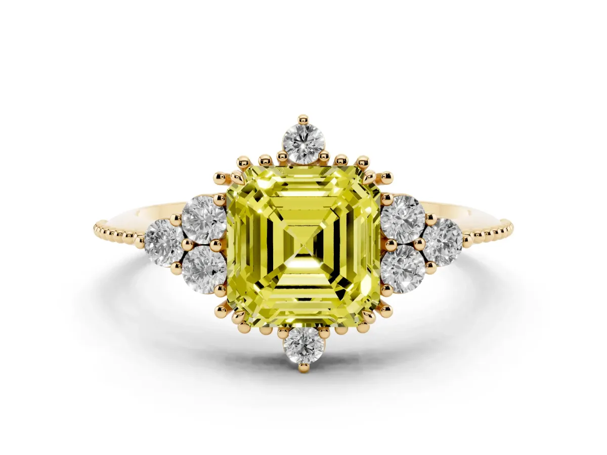 Fancy Yellow Asscher Cut Diamond Cluster Ring Set in Yellow gold with Beaded Band